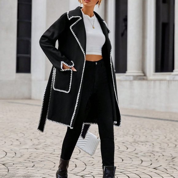 Black Elegant Womens Contrast Binding Lapel Neck Belted Overcoat - Picture 5 of 5